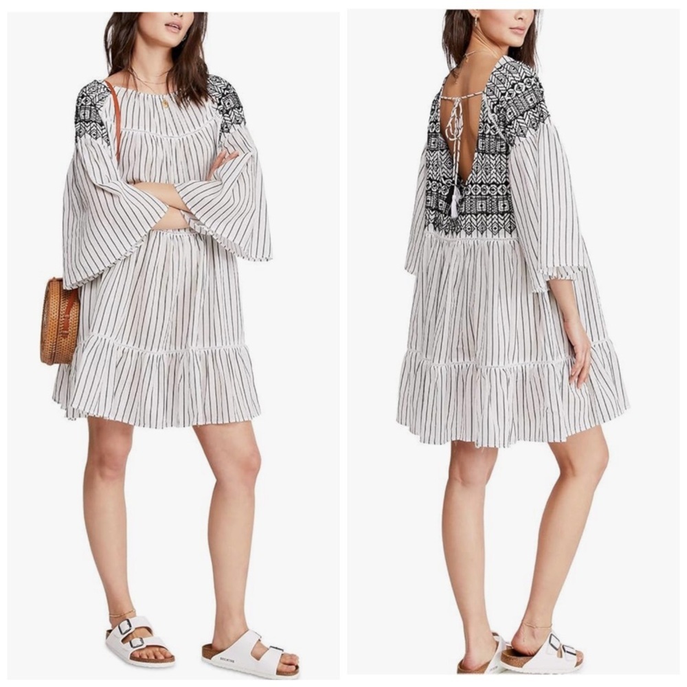 Free People Embroidered Striped Tiered Mini Sundress Sz S